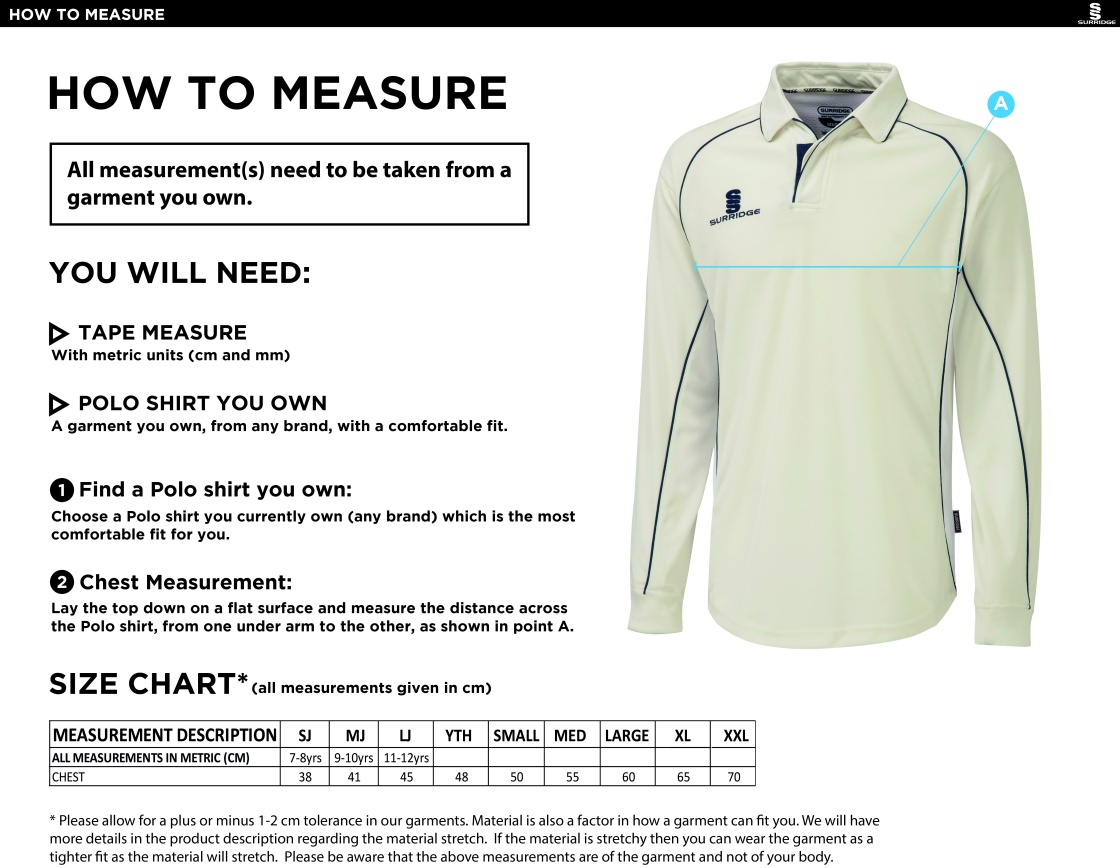 Arkadin CC Premier Long Sleeve White Trim Shirt - Size Guide