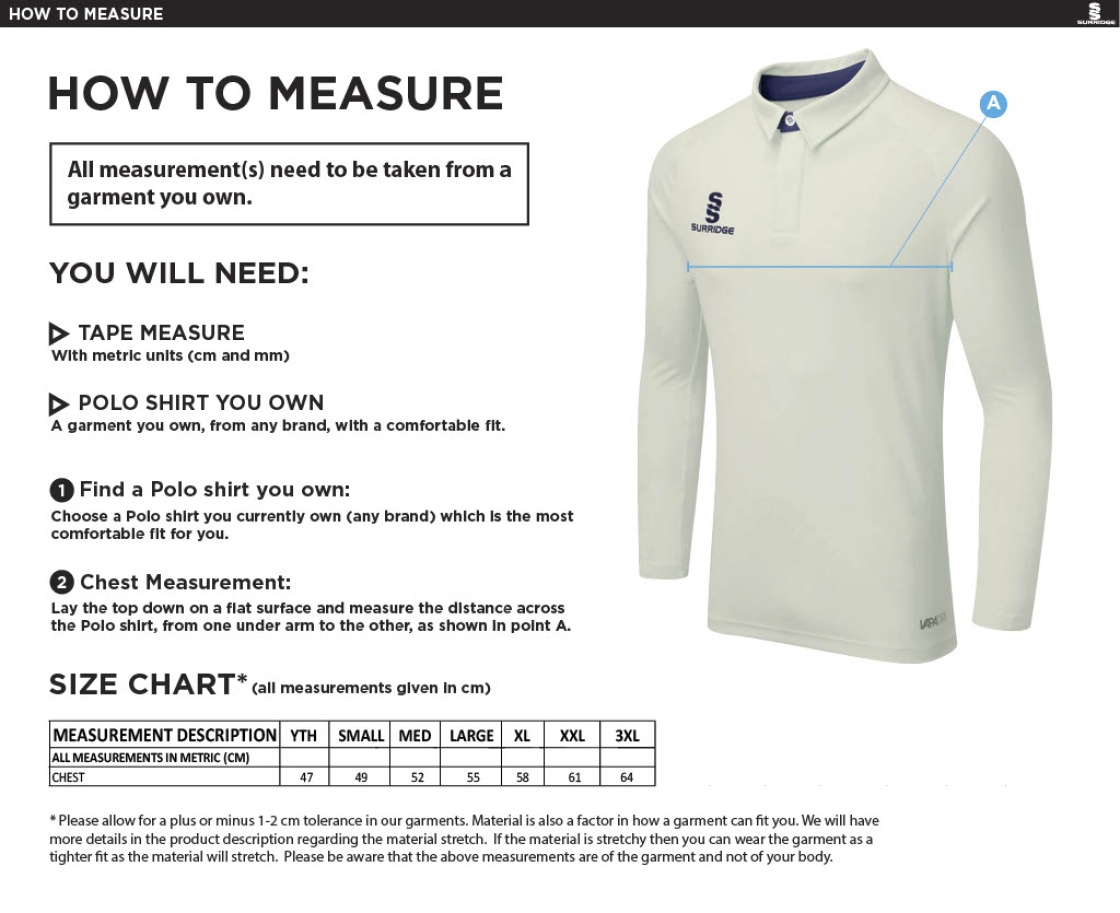 Arkadin CC Ergo Long Sleeve Cricket Shirt White Trim - Size Guide