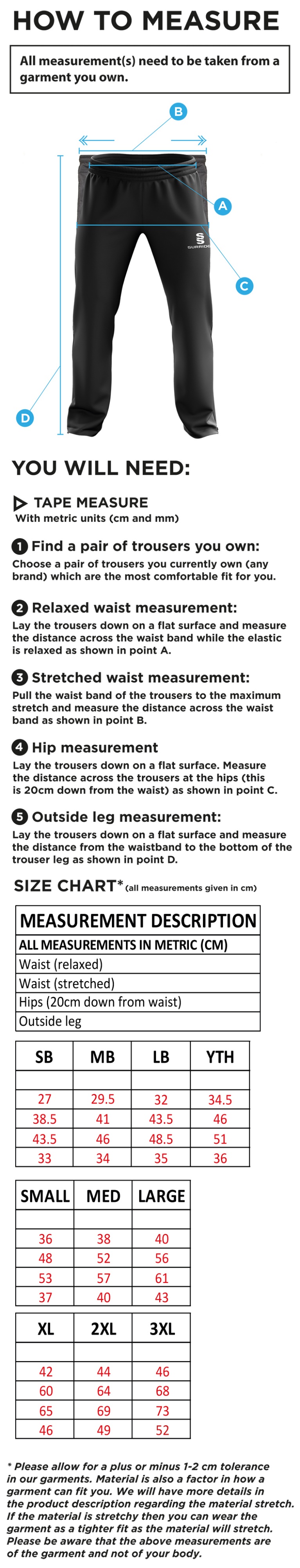 Arkadin CC Rip Stop Track Pant : Navy - Size Guide